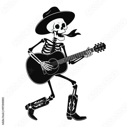 Skeleton Cowboy Playing Guitar Vector Illustration – Western Music Skull Silhouette