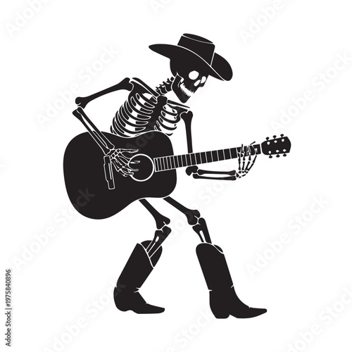 Skeleton Cowboy Playing Guitar Vector Illustration – Western Music Skull Silhouette