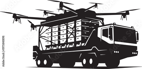 Drone Delivery Truck, Cargo Vehicle, Logistics Transport, Aerial Drop Off