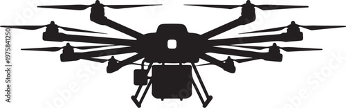 Drone, quadcopter, unmanned aerial vehicle, black silhouette, vector icon