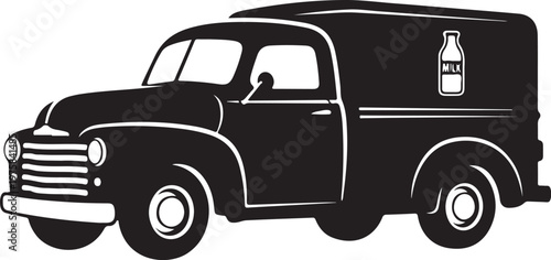 Vintage delivery truck, milk truck, black and white vector, illustration, graphic