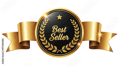 Golden best seller badge with ribbon, circular emblem with laurel wreath and star, premium quality label