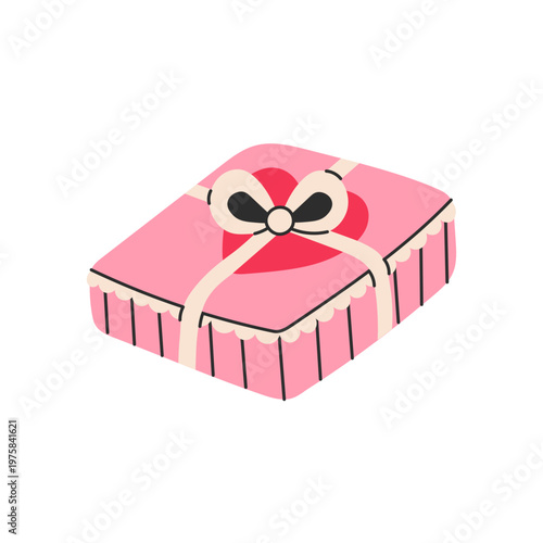 Pink Gift Box with Heart and Bow. Simple Coquette elegant Present Package with Tied Knot and Lace. Flat vector illustration in modern aesthetic style