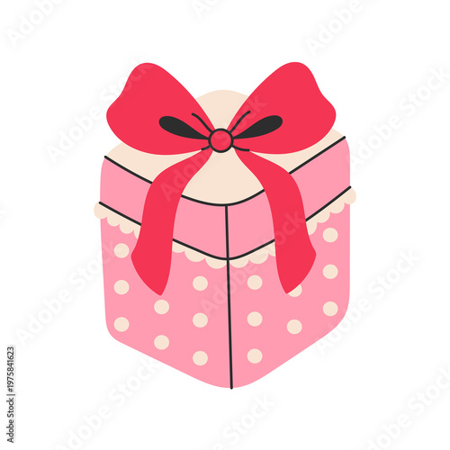 Pink Gift Box with Bow and Lace. Stylish present packaging with playful Polka Dot pattern and decorative ribbon. Girlish Romantic Kawaii flat Vector Illustration