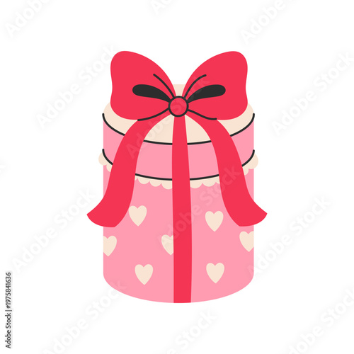 Pink Round Gift Box with Ribbon Bow. Cute Romantic Present vector illustration with Coquette red tied Knot Hearts and elegant Lace wrapping. Birthday Valentines day Wedding