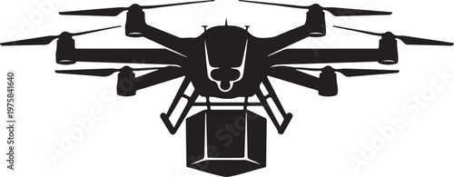 Drone, black drone icon, aerial vehicle, quadcopter symbol, vector illustration