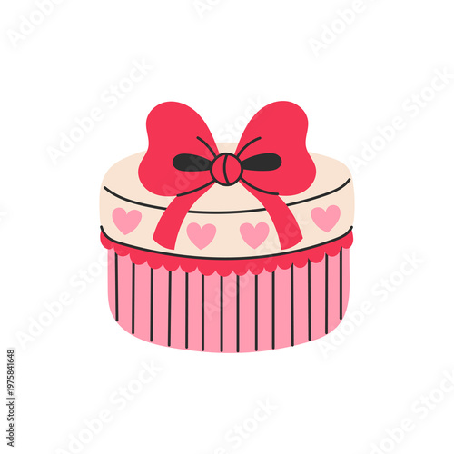 Vintage Round Gift Box with Lace Trim. Retro style elegant Present Package with decorative Ribbon Bow and soft romantic details. Flat Vector Illustration