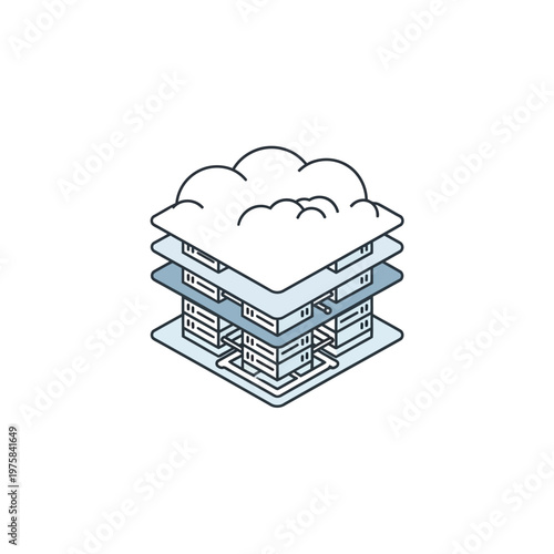 Layered cloud architecture with server racks, representing multi-cloud infrastructure as a service on isolated white background isometric icon