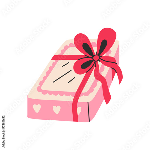 Rectangular Gift Box with Ribbon. Cute present vector illustration with Heart shapes Curly Lace details and elegant decorative Bow in hand drawn flat style