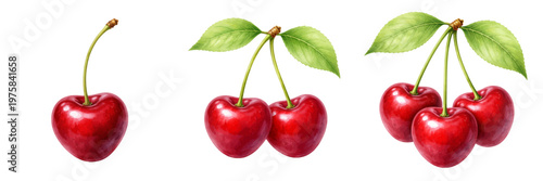 A watercolor set of red cherries featuring single, double, and triple cherry fruits with stems and green leaves isolated on white background.