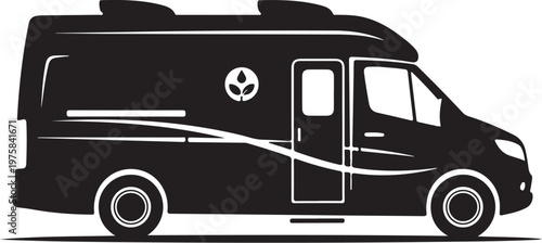 Black camper van, motorhome silhouette, RV vector, travel trailer icon