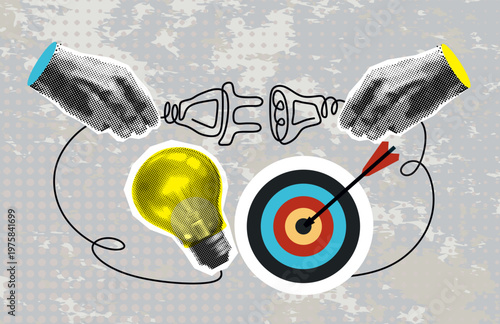 Halftone Collage man connects light bulb and arrow on target circle, dart board. Modern collage design. Successful business performance. Financial success. Business data graph. Achieving high results