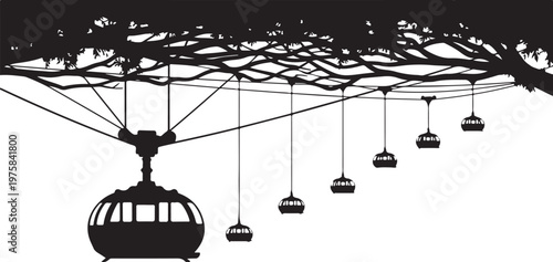 Cable car, gondola lift, ski lift, chairlift icons, transportation symbols, travel illustrations, black silhouette