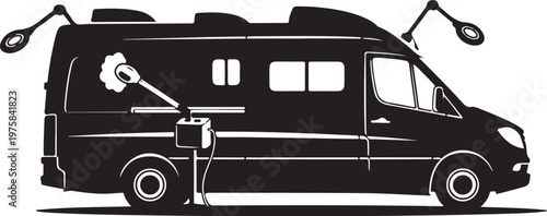 Black camper van, motorhome illustration, RV vehicle, travel trailer