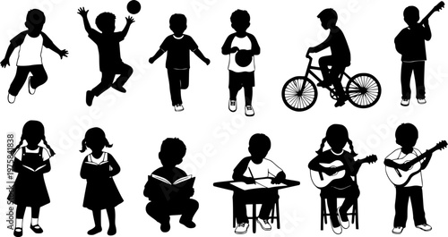 Silhouettes set of group people adult and kids having fun outdoor activities vector.

