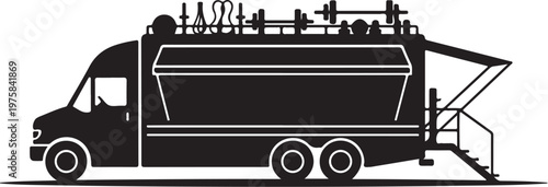 Black food truck, vector food truck, silhouette illustration, food trailer, catering vehicle