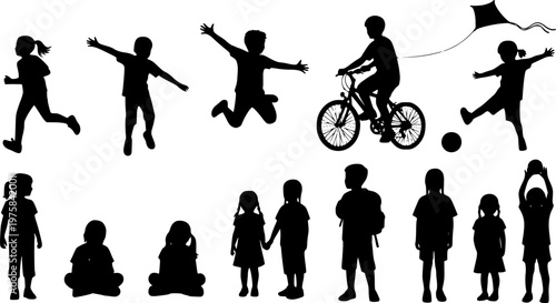 Silhouettes set of group people adult and kids having fun outdoor activities vector.
