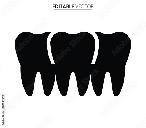 Three human teeth are depicted in a bold black graphic style silhouette