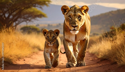 A lioness and her cub walking on a dirt path