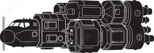 Space shuttle, spacecraft, rocket ship, black and white, vector illustration, futuristic transportation