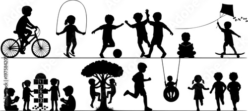 Kids standing together in row silhouettes. Children standing with various poses. Kids various outdoor activities vector silhouette set collection.

