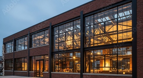 Modern industrial brick office building exterior featuring large glass windows and warm interior lighting at dusk