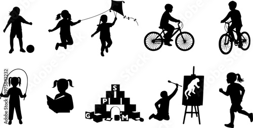 Kids standing together in row silhouettes. Children standing with various poses. Kids various outdoor activities vector silhouette set collection.
