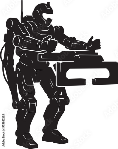 Black silhouette robot, futuristic mech, sci-fi character, metallic humanoid