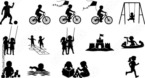 Silhouettes set of group people adult and kids having fun outdoor activities vector.
