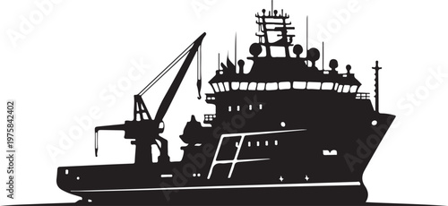 Industrial cargo ship, vessel silhouette, black boat icon, maritime crane illustration