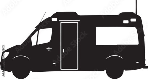 Black camper van, motorhome silhouette, RV icon, vehicle illustration