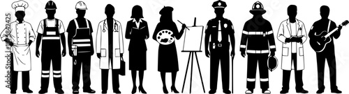 Collection of people different occupations or professions standing in a row vector silhouettes set.
