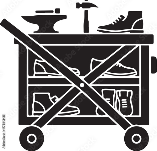 Black and white vector icon, prohibited shoe repair, crossed out cart with footwear and tools