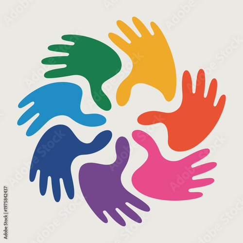 Teamwork icon vector illustration featuring seven hands together, unity, collaboration, people, cooperation, minimal flat design isolated for business and teamwork concepts