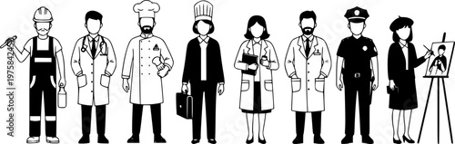 Collection of people different occupations or professions standing in a row vector silhouettes set.
