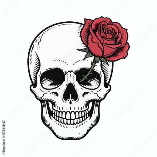 Skull with Red Rose Vector Illustration – Gothic Floral Tattoo Style Design