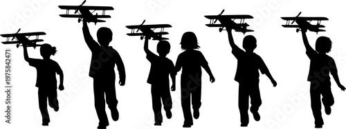 Group of children running with holding toy airplanes vector silhouettes. Kids playing having fun together outside silhouette.
