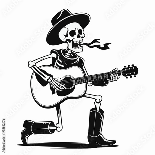 Skeleton Cowboy Playing Guitar Vector Illustration – Western Music Skull Silhouette