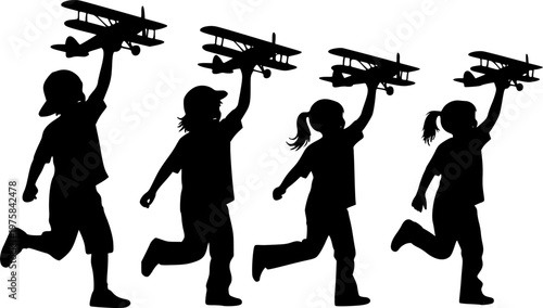 Group of children running with holding toy airplanes vector silhouettes. Kids playing having fun together outside silhouette.
