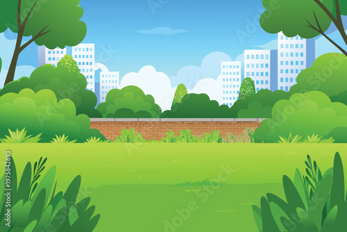 Cartoon cityscape with lush green trees and a brick wall