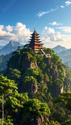 A serene mountain landscape with a pagoda on a cliff