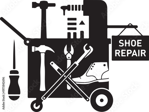Shoe repair tools, black silhouette icons, toolbox cart, hammer, wrench, screwdriver