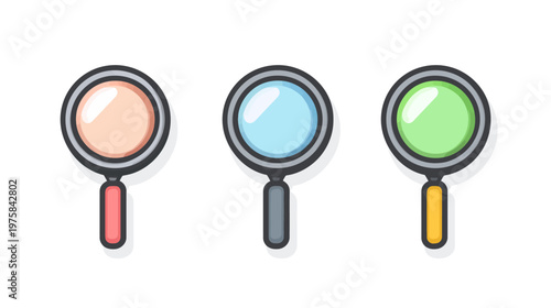 Three colorful magnifying glasses, each with a different colored lens and handle, on a white background