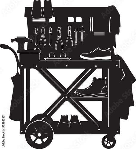 Black silhouette tool cart, shoe repair kit, cobbler's workstation, wheelbarrow tools