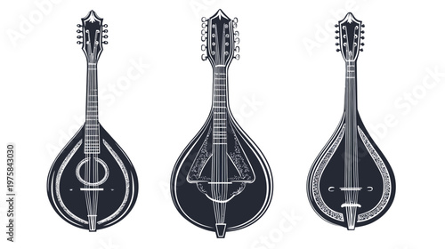 Three monochrome illustrations of mandolins in different designs. Each features a pear-shaped body