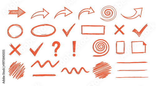 Set of red hand drawn doodle elements, arrows, check marks, crosses, question mark, exclamation mark, circles, squares, lines