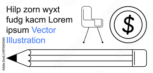 Business tools, design concepts, education, creativity, workplace setup, financial management. Outlined chair, dollar coin and pencil with placeholder text. Business tools and design concepts