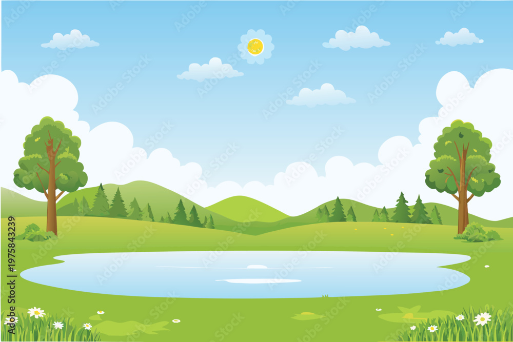 Fototapeta premium A peaceful landscape with a pond trees and a blue sky