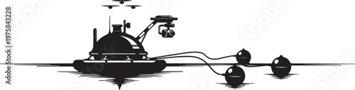 Black, minimalist drone, silhouette, vector icon, with camera and propellers, floating above water