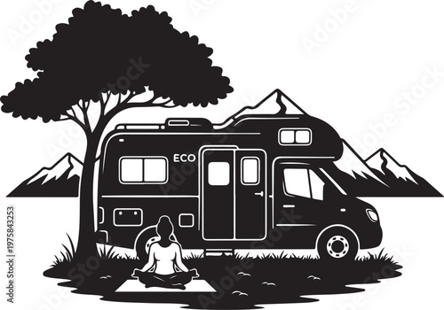 eco camper van, rv camping, outdoor adventure, black and white vector